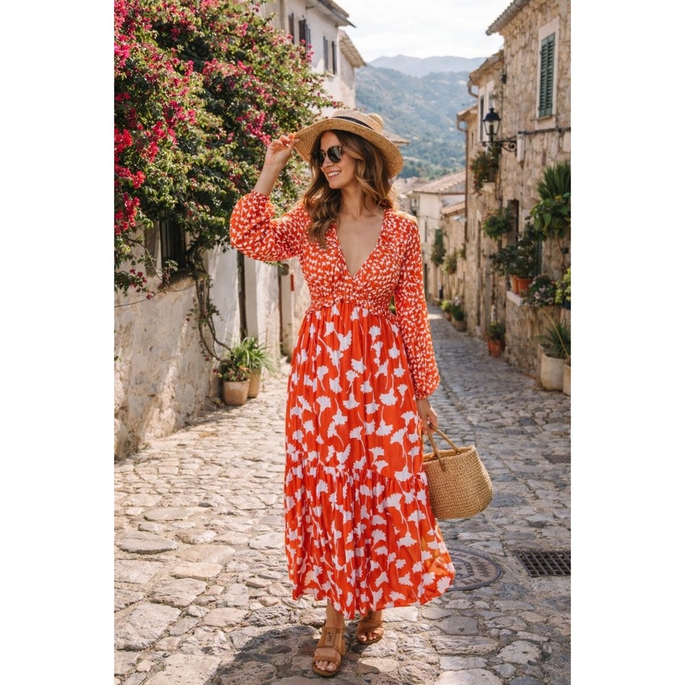Diane Von Furstenberg Orange Floral Tiered Maxi Dress Sze M Boho Romantic Resort